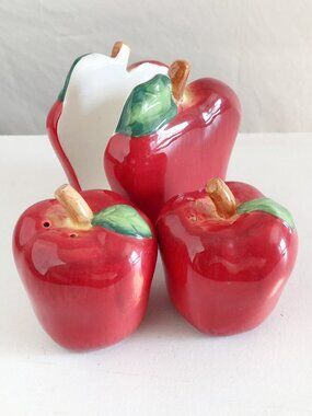 Vintage 90s Apple Shape Salt Pepper Shakers Napkin Holder